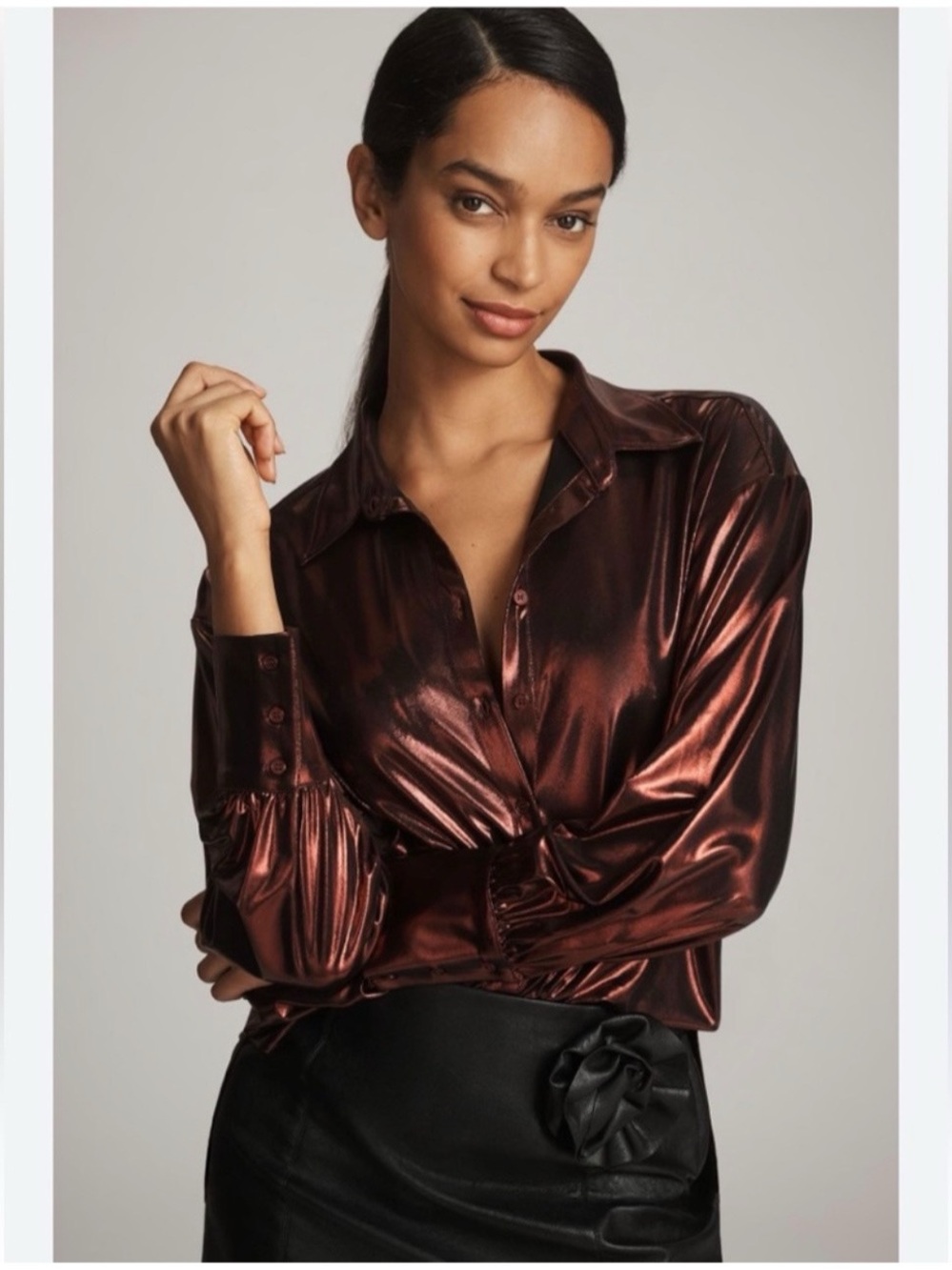 Anthropologie Shine Buttondown Shirt High-Shine Metallic‎ Burgundy